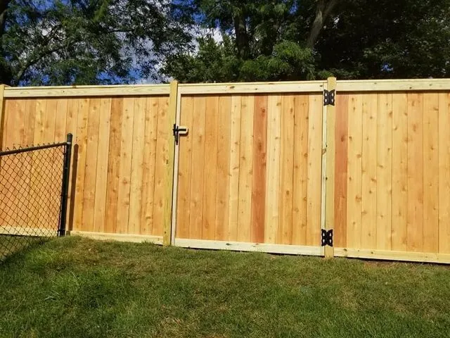 New cedar privacy fence and gate joining a black chain link fence
